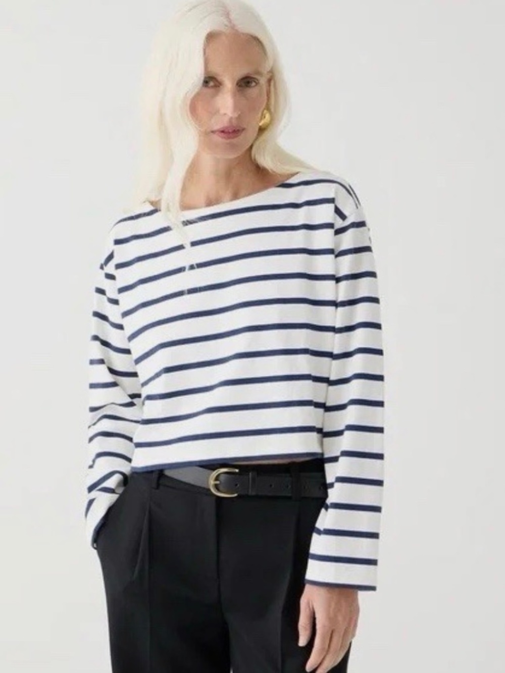 J Crew Cropped Striped Cotton Boatneck Long Sleeve T Shirt Blue White SZ S
